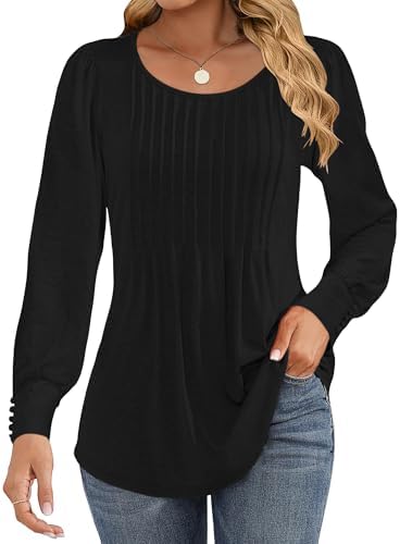 41i6c9n5rpl. ac 1.jpg Cuptacc Damen Langarmshirt Falten Rundhals Puffärmel Mit Knöpfen Locker Longshirt Elegant Oberteile OEKO-TEX STANDARD 10