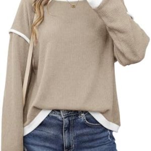 Chicrise Sweatshirt Damen Langarm Rundhals Langarmshirt Elegant Farbbloecke Oversized Warm Oberteile Basic LässigComfort