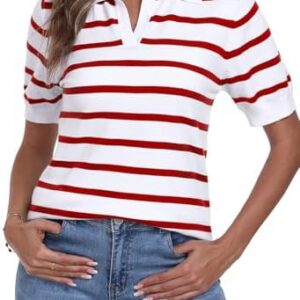 DEARCASE Kurzarm V-Ausschnitt gestreiftes T-Shirt Sommer Gerippter Strickkragen Casual Slim Fit