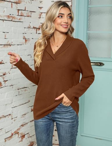 41jnjmuwgvl. ac .jpg Cuptacc Damen Sweater Pullover Elegant Gestrickt V-Ausschnitt Langarm Kragen Einfarbig
