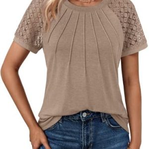 Cuptacc Damen Kurzarm Tshirt Mit Spitze Ärmel Rundhals Plissierte Elegant OEKO-TEX STANDARD 100