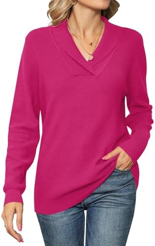 41ksmtdzxgl. ac .jpg Cuptacc Damen Sweater Pullover Elegant Gestrickt V-Ausschnitt Langarm Kragen Einfarbig