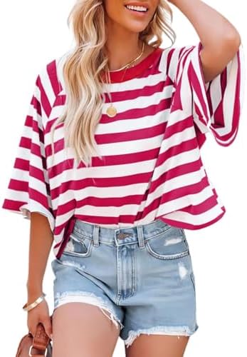 41lqhk9aezl. ac .jpg Chicrise Oversize Gestreiftes Sommer T-Shirt Damen OEKO-TEX STANDARD 100 Kurze Rundhals Top