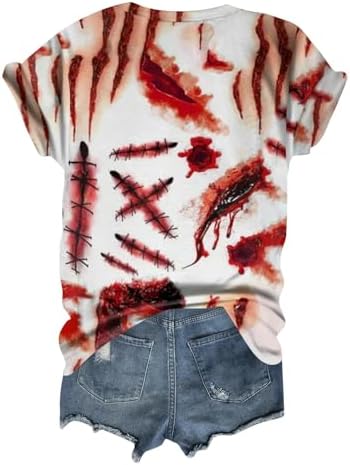 41m99tekl l. ac 1.jpg Generisch Halloween Damen Kurzarm Blutiges Witzig Trendy Blutspritzer Horror T-Shirts Kürbis-Fledermaus-Print Oberteil