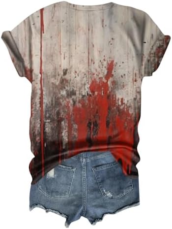 41misayegjl. ac 1.jpg Generisch Halloween Damen Kurzarm Blutiges Witzig Trendy Blutspritzer Horror T-Shirts Kürbis-Fledermaus-Print Oberteil