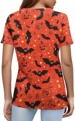 41mvdw0nrql. ac 1.jpg Generisch Halloween Damen Kurzarm Blutiges Witzig Trendy Blutspritzer Horror T-Shirts Kürbis-Fledermaus-Print Oberteil
