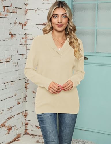 41n9iyb6l. ac .jpg Cuptacc Damen Sweater Pullover Elegant Gestrickt V-Ausschnitt Langarm Kragen Einfarbig