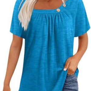 Generic Damen Kurzarm Knöpfe Oberteile Elegant Eckigem Ausschnitt Einfach T-Shirts Freizeit