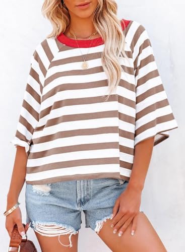 41nztnujehl. ac .jpg Chicrise Oversize Gestreiftes Sommer T-Shirt Damen OEKO-TEX STANDARD 100 Kurze Rundhals Top