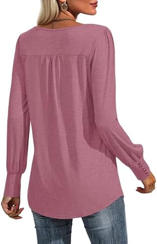 41otjxxbial. ac 1.jpg Cuptacc Damen Langarmshirt Falten Rundhals Puffärmel Mit Knöpfen Locker Longshirt Elegant Oberteile OEKO-TEX STANDARD 10