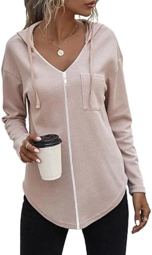 Cuptacc Hoodie Damen Langarm V Ausschnitt mit Reißverschluss Sweatshirt OEKO-TEX STANDARD 100