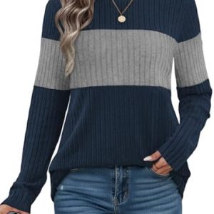 Cuptacc Lockere Sweatshirts Damen Rundhals Gerippte Langarmshirt Elegant Farbabstimmung KomfortABEL Strick Oberteile