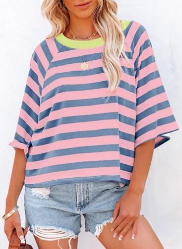 41pyereeqgl. ac .jpg Chicrise Oversize Gestreiftes Sommer T-Shirt Damen OEKO-TEX STANDARD 100 Kurze Rundhals Top