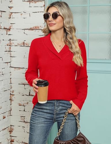 41qjlcvesml. ac .jpg Cuptacc Damen Sweater Pullover Elegant Gestrickt V-Ausschnitt Langarm Kragen Einfarbig