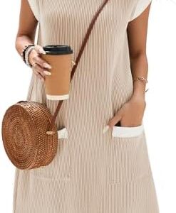 Famulily Damen Sommerkleid S-XXL: Farbblock V-Ausschnitt Strandkleid mit Taschen für Freezeit