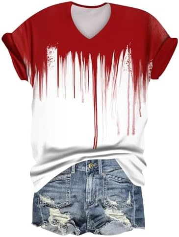 41taidjgrul. ac 1.jpg Generisch Halloween Damen Kurzarm Blutiges Witzig Trendy Blutspritzer Horror T-Shirts Kürbis-Fledermaus-Print Oberteil