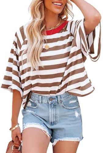 41tsbqbyiml. ac .jpg Chicrise Oversize Gestreiftes Sommer T-Shirt Damen OEKO-TEX STANDARD 100 Kurze Rundhals Top