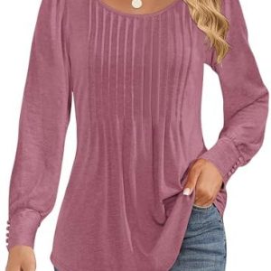 Cuptacc Damen Langarmshirt Falten Rundhals Puffärmel Mit Knöpfen Locker Longshirt Elegant Oberteile OEKO-TEX STANDARD 10