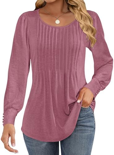 41u6ieexygl. ac 1.jpg Cuptacc Damen Langarmshirt Falten Rundhals Puffärmel Mit Knöpfen Locker Longshirt Elegant Oberteile OEKO-TEX STANDARD 10