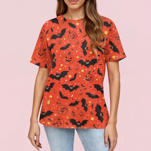 41vaebu1fsl. ac 1.jpg Generisch Halloween Damen Kurzarm Blutiges Witzig Trendy Blutspritzer Horror T-Shirts Kürbis-Fledermaus-Print Oberteil