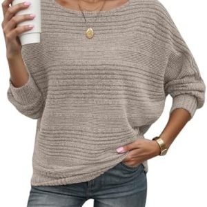 WNEDEluent Pullover Damen Herbst Dünne Fledermausärmel Strickpullover Langarm Geripptes Pulli Sweater Sweatshirt Langarm