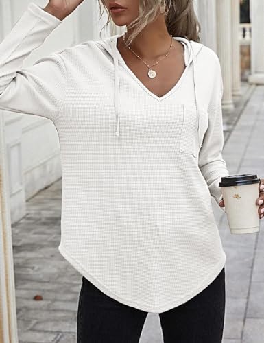 41vz76vrtcl. ac .jpg Cuptacc Einfarbigen Hoodie für Damen OEKO-TEX STANDARD 100 Langarm Sweatshirt V-Ausschnitt Drawstring Top