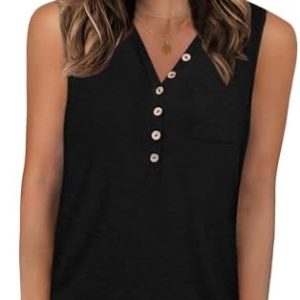 PLOKNRD Top Damen V-Ausschnitt Ärmellos Sommer Knöpfen Tank Top Langschnitt Basic Oberteile Modern Schnitt, Komfortable