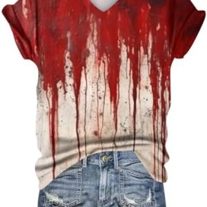 Generisch Halloween Damen Kurzarm Blutiges Witzig Trendy Blutspritzer Horror T-Shirts Kürbis-Fledermaus-Print Oberteil