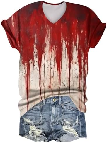 41wenj2fpsl. ac 1.jpg Generisch Halloween Damen Kurzarm Blutiges Witzig Trendy Blutspritzer Horror T-Shirts Kürbis-Fledermaus-Print Oberteil