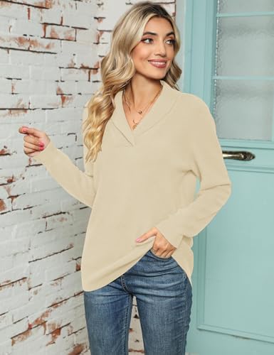 41wqnmxqajl. ac .jpg Cuptacc Damen Sweater Pullover Elegant Gestrickt V-Ausschnitt Langarm Kragen Einfarbig