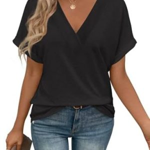 Cuptacc Damen Kurzarm V-Ausschnitt Shirts Elegant Locker Basic Top OEKO-TEX STANDARD 100 Sommer