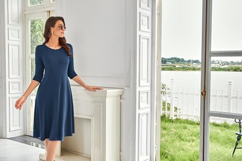 41xjelfo3nl. ac .jpg GRACE KARIN Elegant Damen Rundhals Midikleider 3/4 Ärmel Freizeitkleid|Casual|Schlankende A-Linie