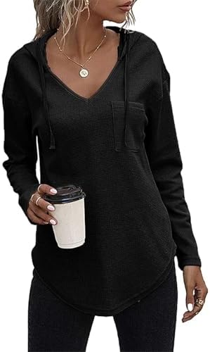 41xsuxls96l. ac .jpg Morhuduck Damen-Kapuzenpullover mit V-Ausschnitt, langärmelig, Tops mit Tasche, Kordelzug, Stretchmaterial, perfekt für