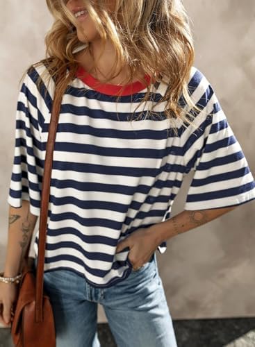 41y7cnuqtsl. ac .jpg Chicrise Oversize Gestreiftes Sommer T-Shirt Damen OEKO-TEX STANDARD 100 Kurze Rundhals Top