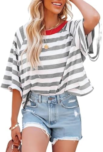 41yajfg3z1l. ac .jpg Chicrise Oversize Gestreiftes Sommer T-Shirt Damen OEKO-TEX STANDARD 100 Kurze Rundhals Top