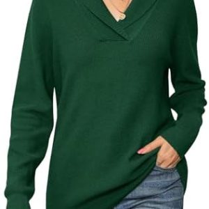 Cuptacc Damen Sweater Pullover Elegant Gestrickt V-Ausschnitt Langarm Kragen Einfarbig