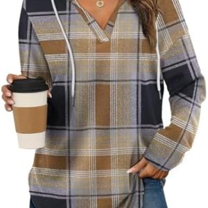 Cuptacc Oversized Pullover Damen V-Ausschnitt Kapuzenpullover Mit Kordelzug Lamgarmshirt Sweatshirt