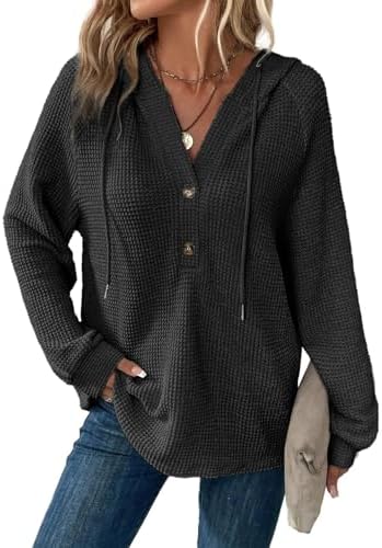 41zjbafhajl. ac .jpg Cuptacc Hoodie Damen Waffel Locker Kapuzenpullover Mit Knopfleiste V-Ausschnitt Langarm Pullover Für Damen Mit Kapuze