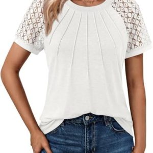 Cuptacc Damen Kurzarmige Bluse Elegant Sommer-Top OEKO-TEX STANDARD 100 Rundhals Plissierte Tunika Einfarbig Elegant Dur