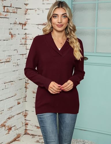 41zv4gkydul. ac .jpg Cuptacc Damen Sweater Pullover Elegant Gestrickt V-Ausschnitt Langarm Kragen Einfarbig