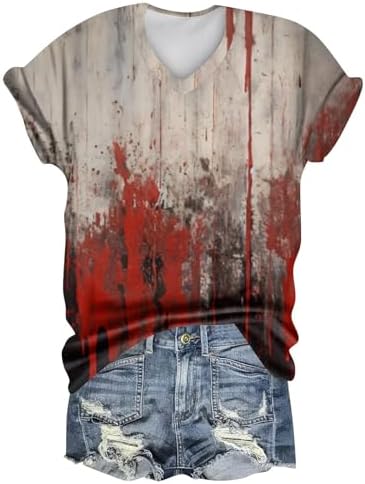 41zwinyohl. ac 1.jpg Generisch Halloween Damen Kurzarm Blutiges Witzig Trendy Blutspritzer Horror T-Shirts Kürbis-Fledermaus-Print Oberteil