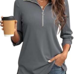 Cuptacc Damen Bluse V-Ausschnitt 3/4 Ärmel Half Zip Design OEKO-TEX STANDARD 100 Cuptacc Damen Bluse V-Ausschnitt 3/4 Är