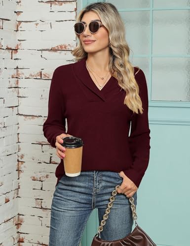 41zrcbxjv6l. ac .jpg Cuptacc Damen Sweater Pullover Elegant Gestrickt V-Ausschnitt Langarm Kragen Einfarbig