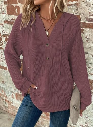 51 7vkp7fxl. ac .jpg Cuptacc Hoodie Damen Waffel Locker Kapuzenpullover Mit Knopfleiste V-Ausschnitt Langarm Pullover Für Damen Mit Kapuze