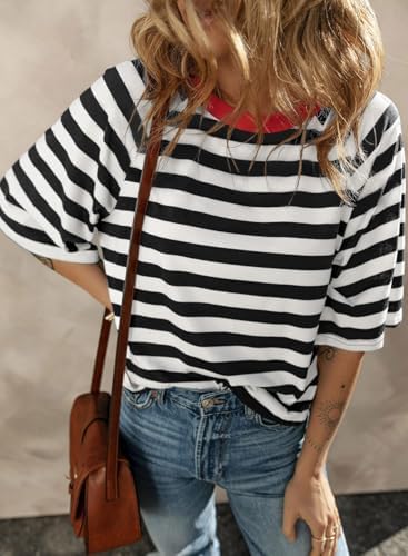 510 lgyneql. ac .jpg Chicrise Oversize Gestreiftes Sommer T-Shirt Damen OEKO-TEX STANDARD 100 Kurze Rundhals Top