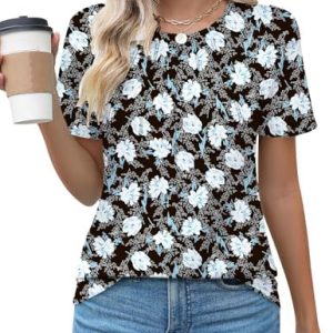 Cuptacc Damen Elegant T-Shirt Geblümt/Einfarbig Sommerkleidung Falten Rundhals Lockere Kurzarme OEKO-TEX