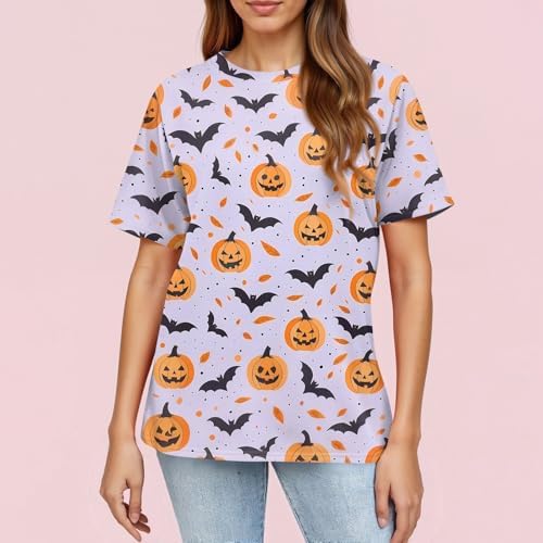 511k1ttsh0l. ac 1.jpg Generisch Halloween Damen Kurzarm Blutiges Witzig Trendy Blutspritzer Horror T-Shirts Kürbis-Fledermaus-Print Oberteil