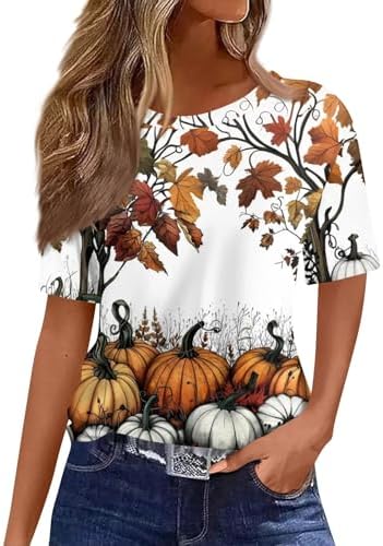 511spn 6ztl. ac 1.jpg Generisch Halloween Damen Kurzarm Blutiges Witzig Trendy Blutspritzer Horror T-Shirts Kürbis-Fledermaus-Print Oberteil