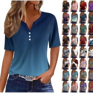 Generisch Sommer Henley-V-Ausschnitt Damen T-Shirt Drucken Casual Fitness Sportbluse