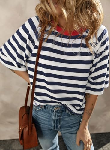 515479oy hl. ac .jpg Chicrise Oversize Gestreiftes Sommer T-Shirt Damen OEKO-TEX STANDARD 100 Kurze Rundhals Top